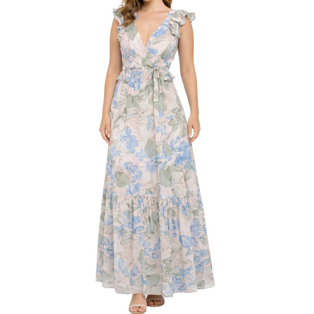 Big Water Blue Sky Pink Blue Green Floral Flutter Tie Back Maxi Dress S NEW Tags - Picture 2 of 15